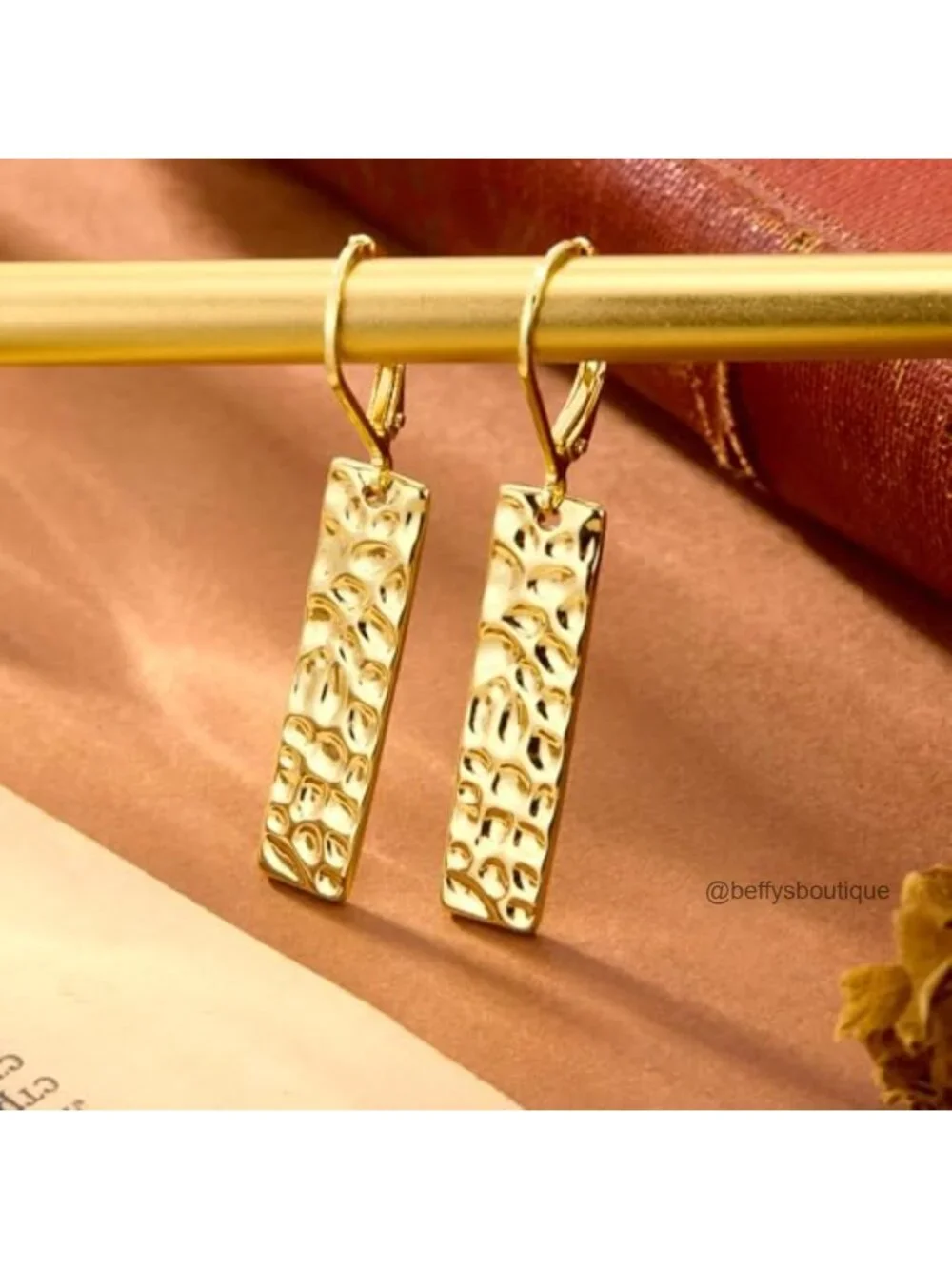 14K Goldplated Hammered Bar Drop Dangle Leverback Earrings